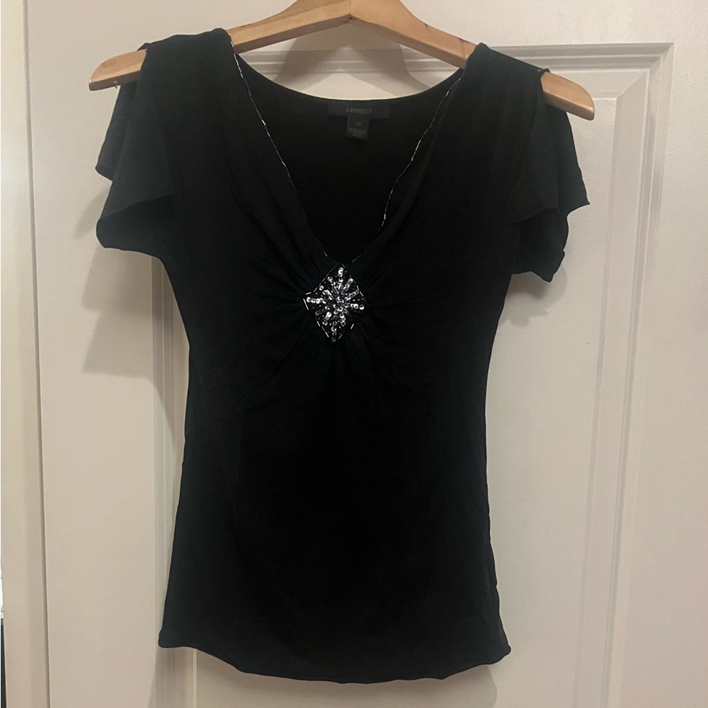 Express - V-Neck Sequin Accent Top